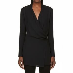 Helmut Lang Morse Long-Sleeve Draped Top in Black Crepe Tunic V-neck